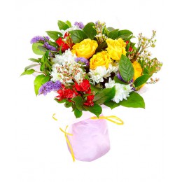 Букет №110 (хризантемы, розы, альстромерии, статица, декор.зелень)