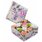 Цветы в коробке №26 (розы, хризантемы, куст.гвоздики, статица, лимониум, гиперикум)