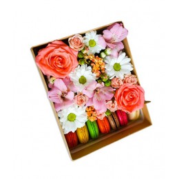 Цветы в коробке №35 (розы, хризантема, куст.роза, альстромерия, декор.зелень, 6 макаронс)