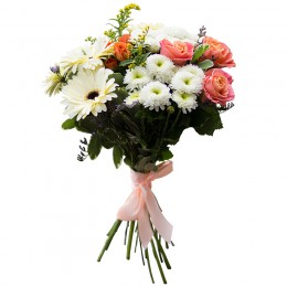 Букет №82 (хризантемы, розы, герберы, куст.розы, лимониум, солидаго. декор.зелень)