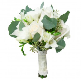 Букет невесты №6 (розы, фрезии, зелень, декор)