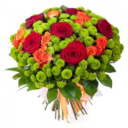 Букет №237 (хризантемы, куст. розы, розы, декор.зелень)